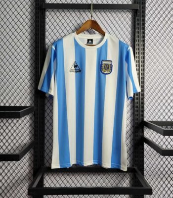 Argentina 1986 Home Jersey Front View – Retro Blue and White Striped Football Shirt