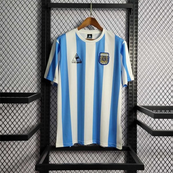 Argentina 1986 Home Jersey Front View – Retro Blue and White Striped Football Shirt