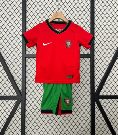 Portugal 2024 Kids Home Jersey Portugal red with green accents football shirt for children