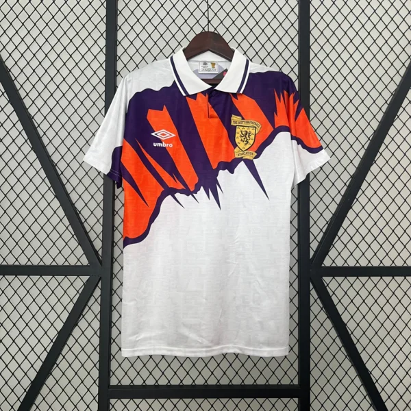 Scotland 1992-1993 Away Jersey white with purple and red geometric pattern Scotland national team football shirt