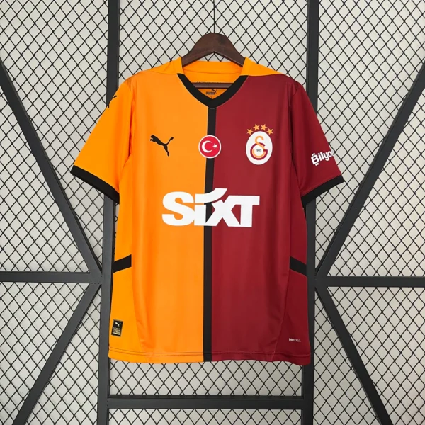 Galatasaray 2024-2025 Home Soccer Jersey in red and yellow, official football shirt with Mauro Icardi and Wilfried Zaha